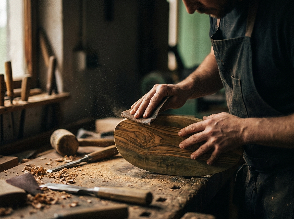 Hands finishing an olive wood piece in the workshop