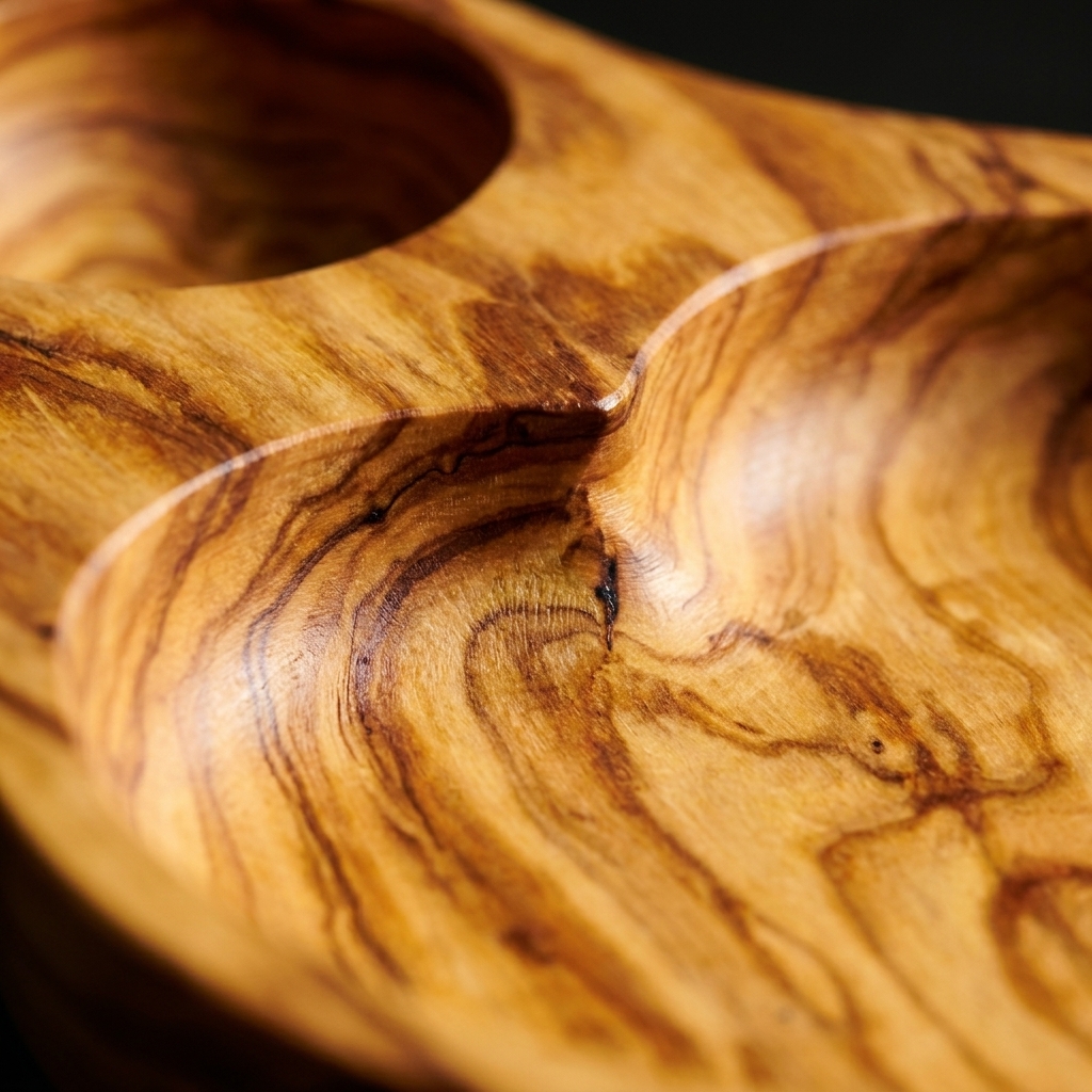 Close-up detail of olive wood serving dish grain and finish