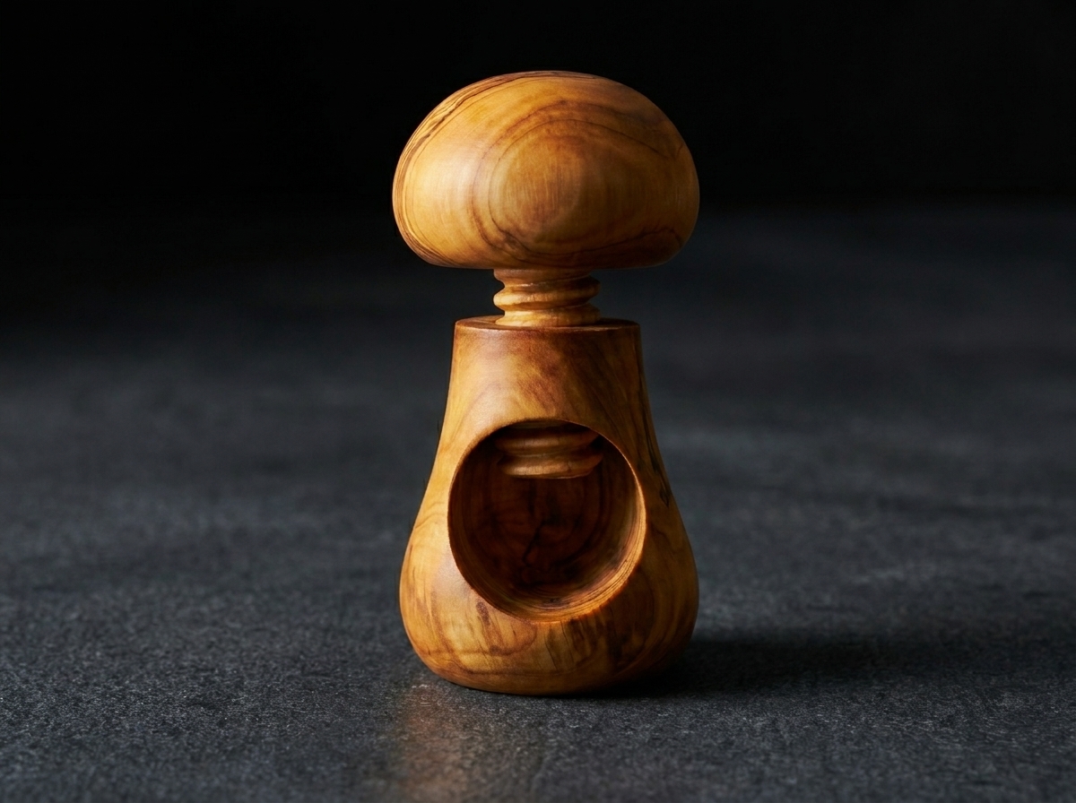 Olive wood mushroom-shaped nutcracker on a dark stone surface