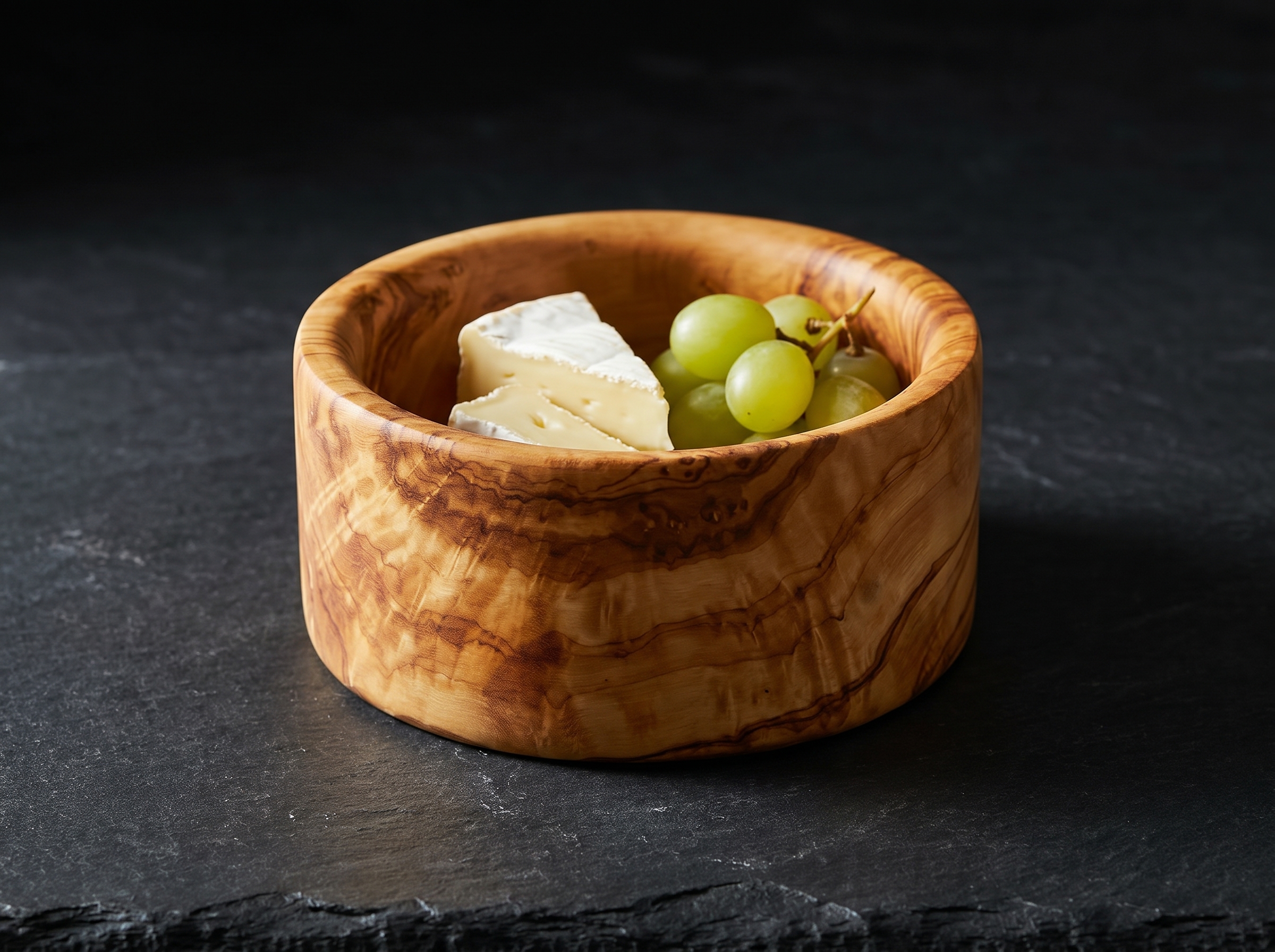 Olive wood bowl with cheese and grapes on a dark stone surface