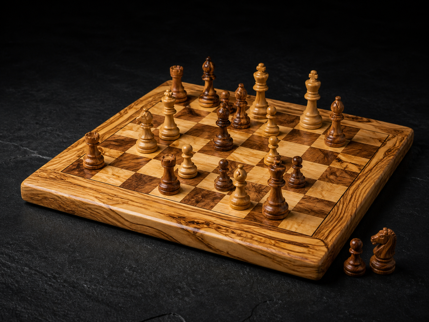 Olive wood chess board with carved wooden chess pieces on a dark stone surface