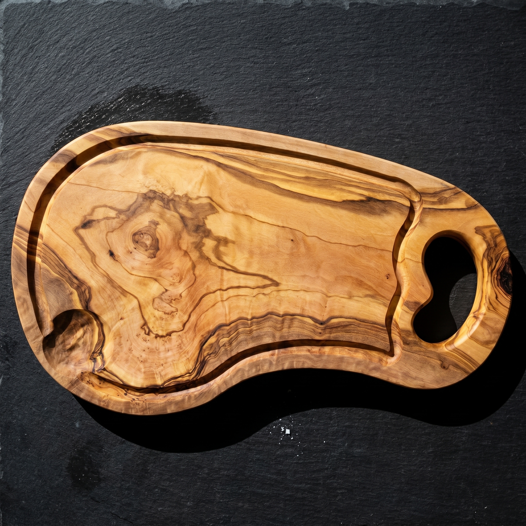 Large olive wood cutting board on a dark stone surface