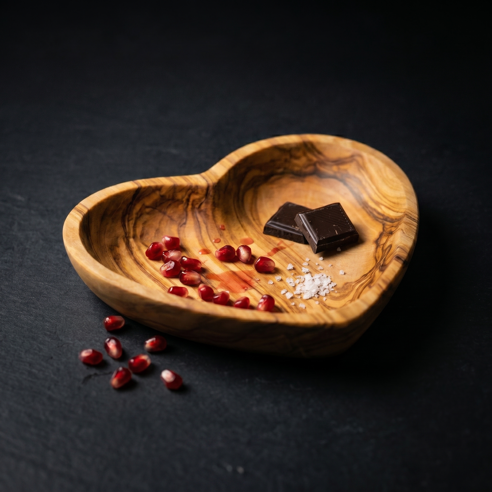 Heart-shaped olive wood dish with pomegranate and chocolate on a dark surface