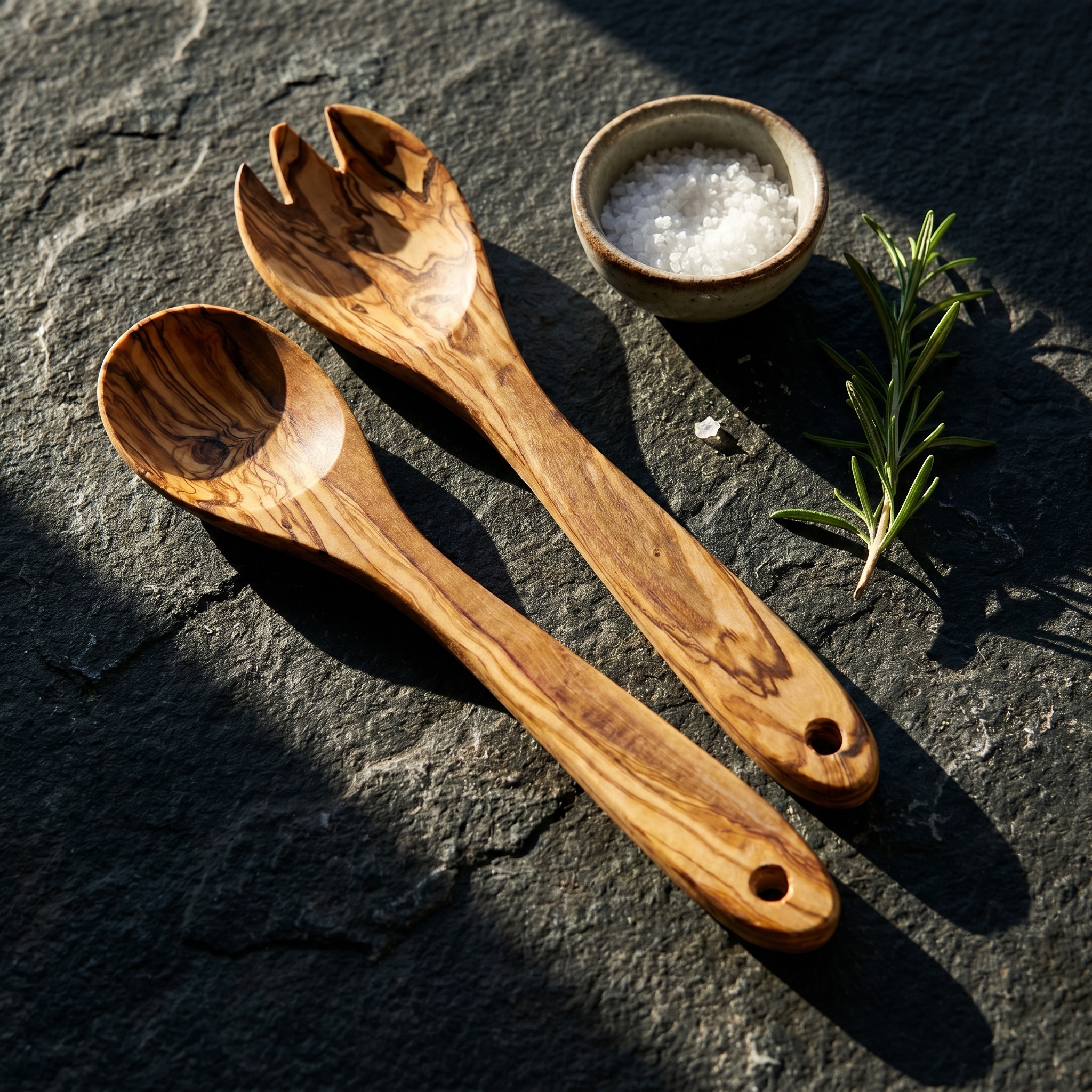Olive wood spoon and spatula on a dark stone surface