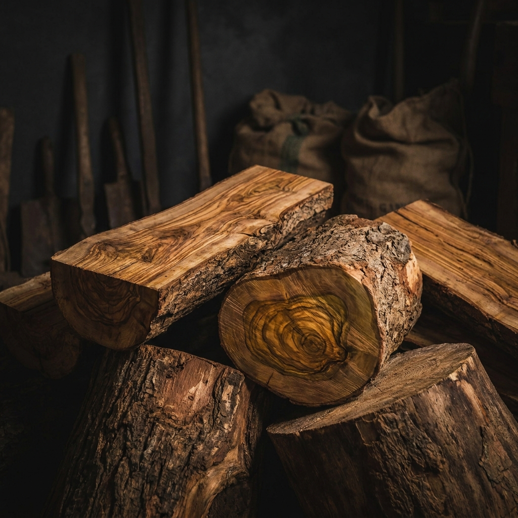 Raw olive wood logs and cut material showing dense natural grain