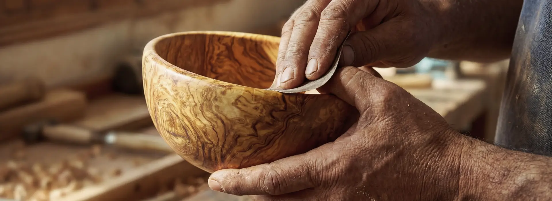 Hands sanding an olive wood bowl in the workshop