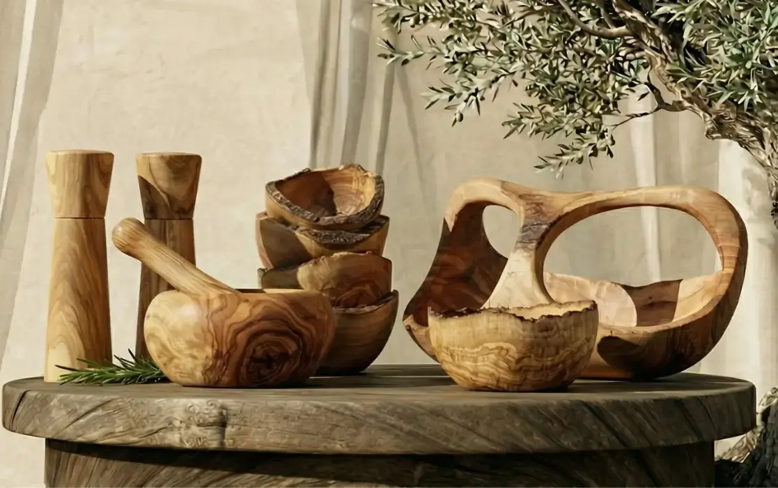 Wholesale-ready olive wood pieces displayed with olive tree styling